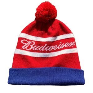 VINTAGE BUDWEISER Beer Beanie Winter Hat Pom Pom USA red, white, and blue